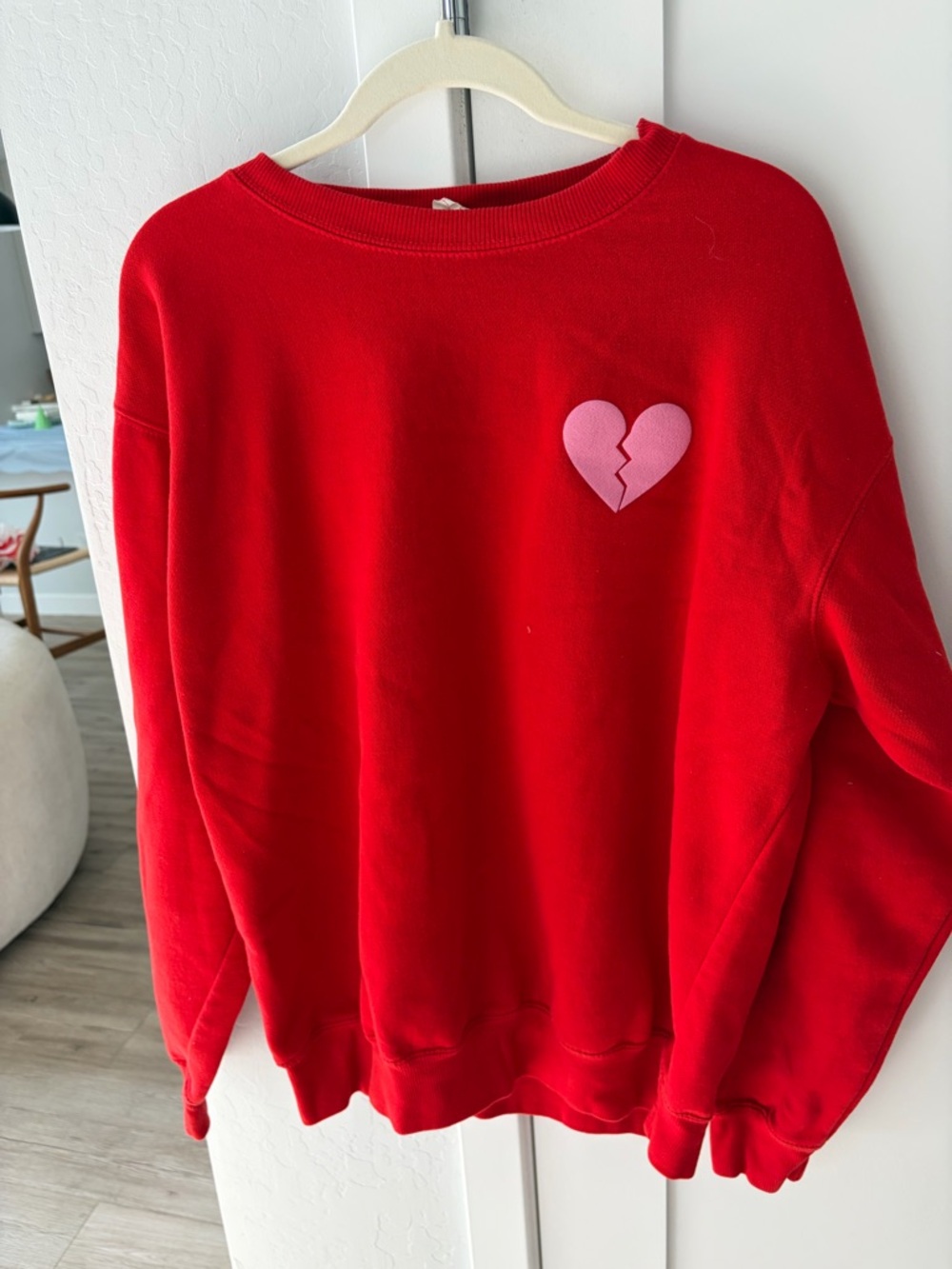 Red Women’s No Feelings Club Crewneck Sweater with Pink Broken Heart